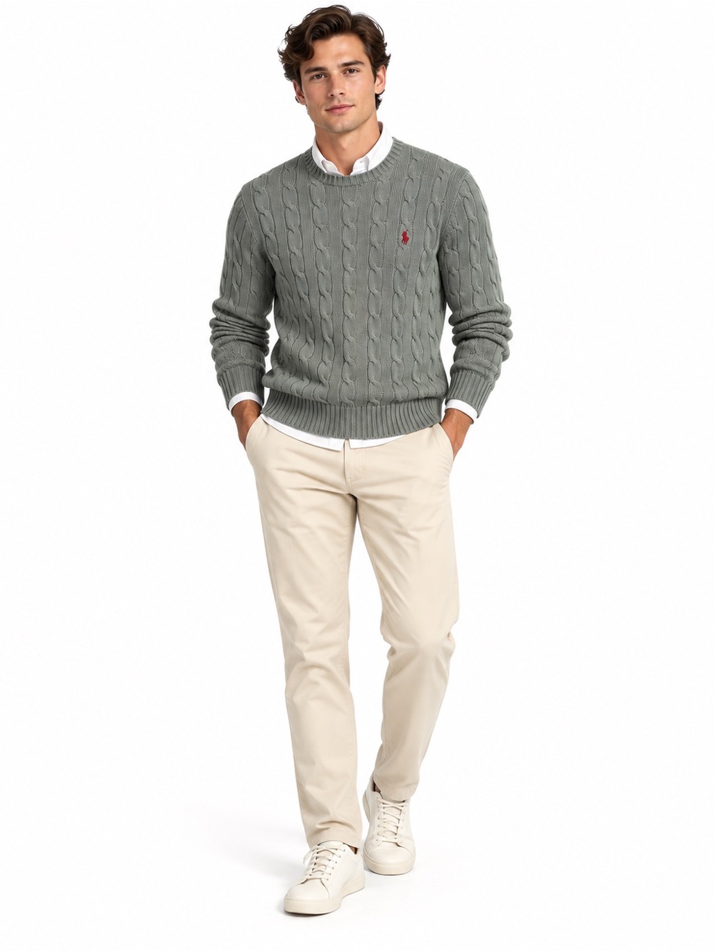 Polo Ralph Lauren Men’s Sage Green Cable Knit Crewneck Cotton Sweater S